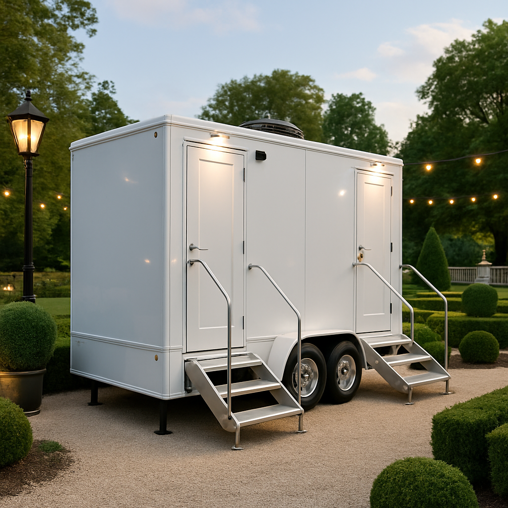 Luxury restroom trailers staged for Greensboro weddings and corporate VIP events