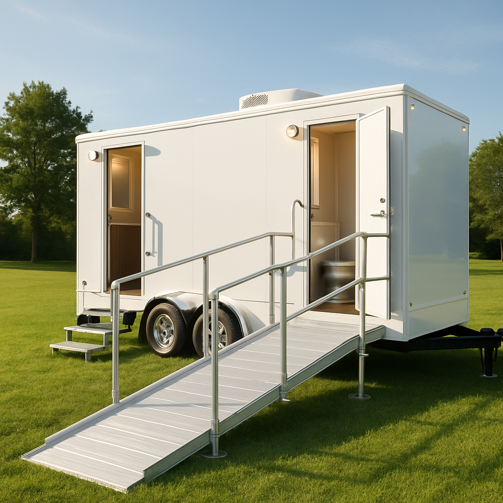 ADA restroom trailer with ramp and grab bars ready for Greensboro events